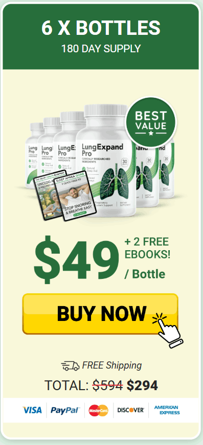 LungExpand Pro – Best Value Offer: 6 bottles, 180-day supply for $49 per bottle, includes 2 free eBooks, free shipping, total cost $294